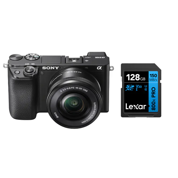 Cámara Sony A6100 + Lente 16-50mm + Tarjeta de Memoria SD Lexar 128GB 800x PRO UHS-I SDXC 1