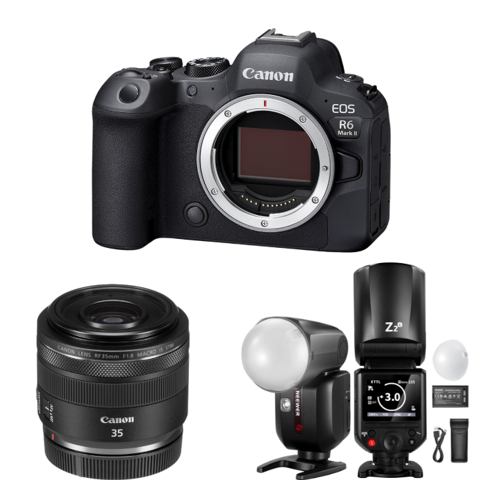 Cámara Canon Mirrorless EOS R6 MKII Body + Lente RF 35 mm f/1.8 IS Macro STM + Flash Neewer Z2-C TTL 1