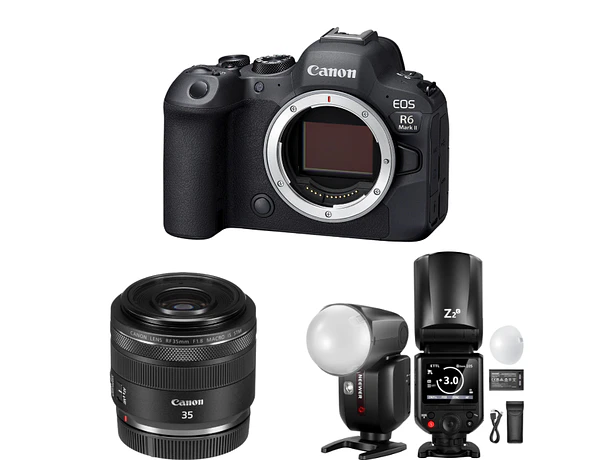 Cámara Canon Mirrorless EOS R6 MKII Body + Lente RF 35 mm f/1.8 IS Macro STM + Flash Neewer Z2-C TTL