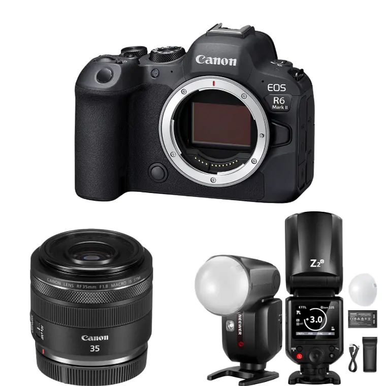 Cámara Canon Mirrorless EOS R6 MKII Body + Lente RF 35 mm f/1.8 IS Macro STM + Flash Neewer Z2-C TTL 1