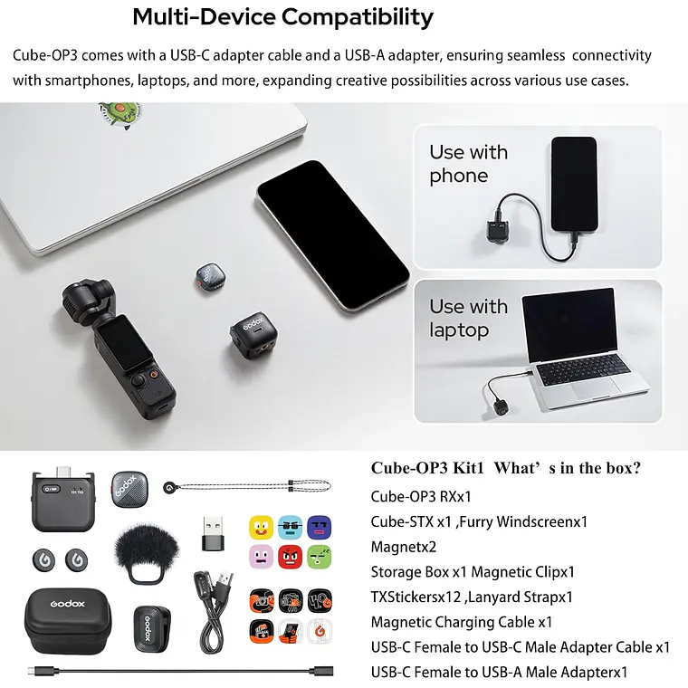 Kit de Micrófono Inalámbrico para Osmo Pocket hasta 200 m Godox Cube-OP3 10