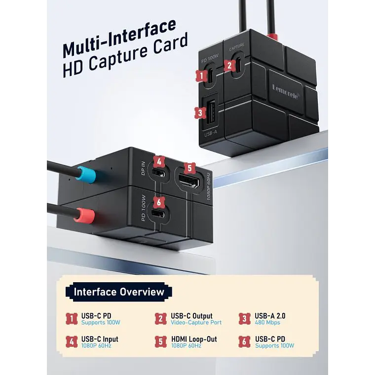 Capturadora de Video 1080p con Hub USB-C Lemorele AC12 3