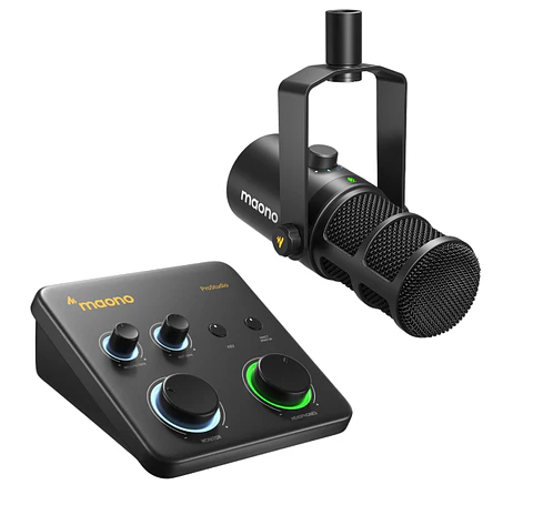 KreaKit Mamá creadora contenido Podcast Micrófono Maono PD400X XLR USB + Interface Maono PS22 Lite