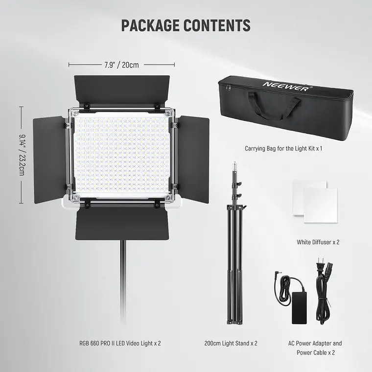 Kit de 2 Paneles de Luz LED RGB Neewer 660 PRO II con Control por App, 2 Trípodes de 200 cm y Bolsa de Transporte  9