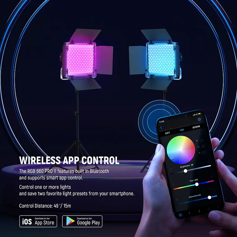 Kit de 2 Paneles de Luz LED RGB Neewer 660 PRO II con Control por App, 2 Trípodes de 200 cm y Bolsa de Transporte  6