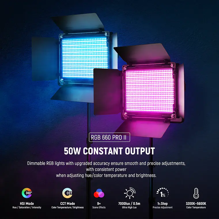 Kit de 2 Paneles de Luz LED RGB Neewer 660 PRO II con Control por App, 2 Trípodes de 200 cm y Bolsa de Transporte  5