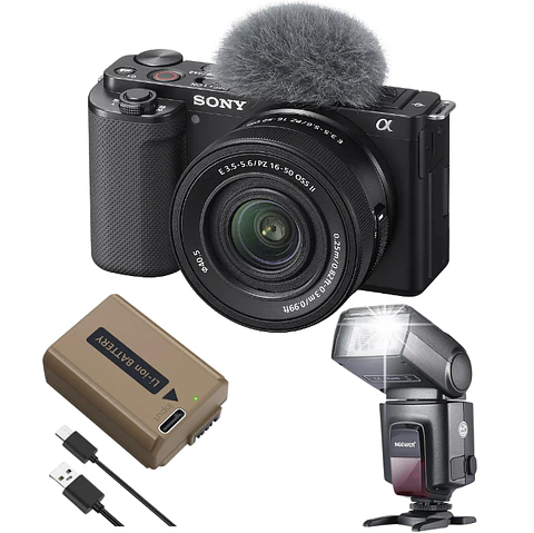 Cámara Mirrorless Sony ZV-E10 + Lente 16-50mm + Flash Neewer TT560 + Batería Neewer TNP-FW50