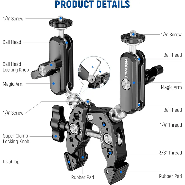Super Clamp Reforzada con Doble Brazo Mágico Neewer 8
