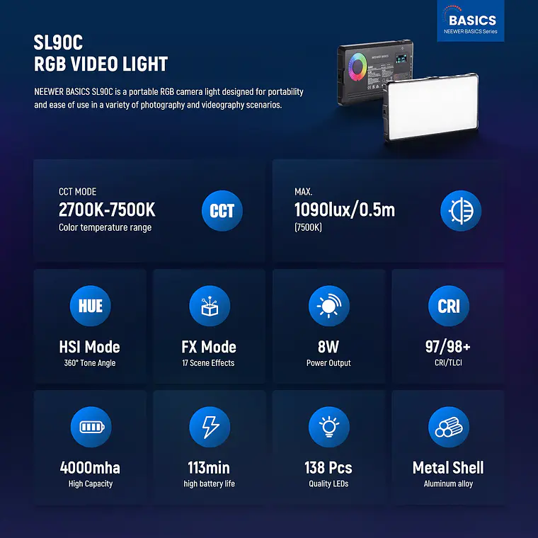Kit de Luz LED RGB para Video Neewer Basics SL90C 8