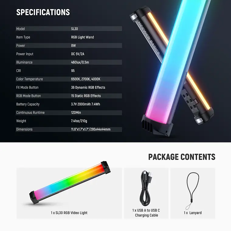 Espada de Luz LED RGB Magnética Neewer Basics SL30 8