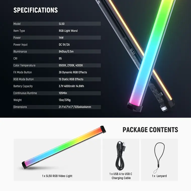 Espada de Luz LED RGB Magnética Neewer Basics SL50 8