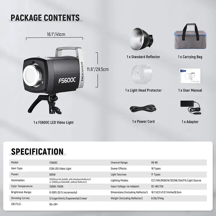 Luz LED RGB COB para Video Neewer FS600C 600W 8