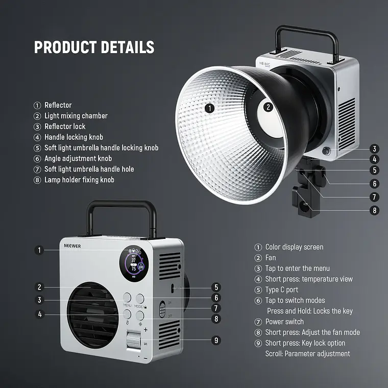 Luz LED RGBWW Mini COB para Video Neewer HB80C 80W 8