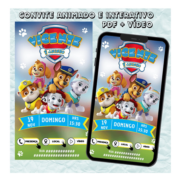 Convite Digital Animado e Interativo Patrulha Canina Virtual Whatsapp