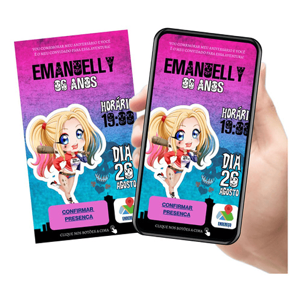 Convite De Aniversário Digital Da Arlequina | Com 2 Botões.