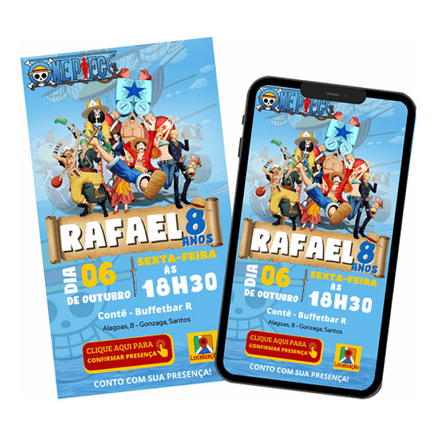 Convite De Aniversário Digital Interativo Do Tema One Piece. 1