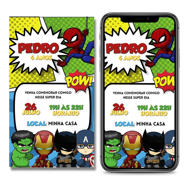 Convite Aniversário Digital Virtual Heróis Whatsapp 1