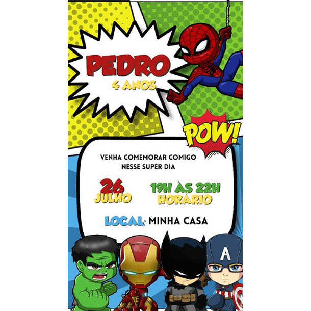 Convite Aniversário Digital Virtual Heróis Whatsapp 2