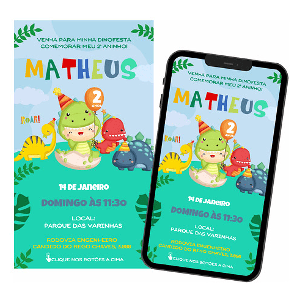 Convite De Aniversário Digital Baby Dino / Com 2 Botões. 1
