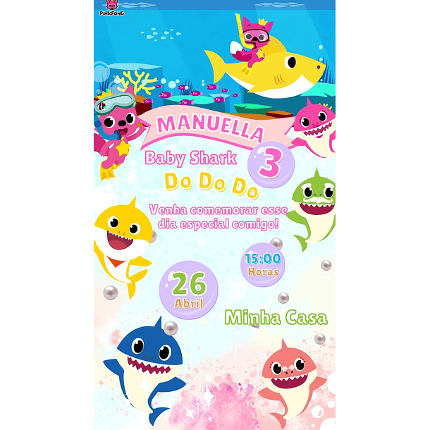  Convite Digital com Vídeo Baby Shark Menina