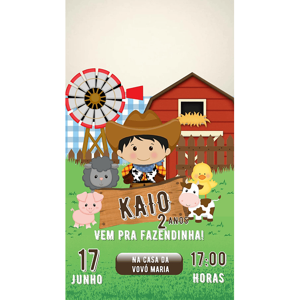  Convite Digital com Vídeo Fazendinha Menino