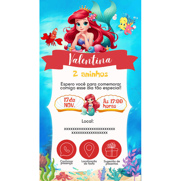  Convite Digital com Vídeo e sugestão de Presentes Ariel Animado 03