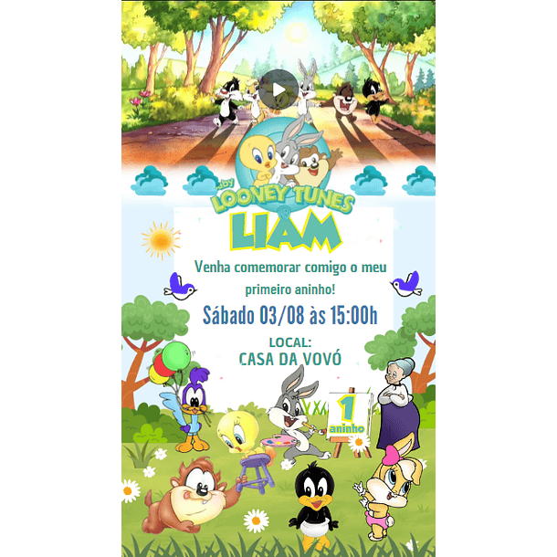 Convite Digital Animado Com Vídeo Looney Tunes Modelo 2