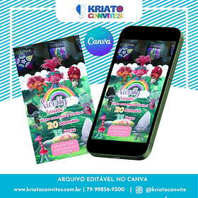 Convite Digital Animado Trolls – Totalmente Editável no Canva! 