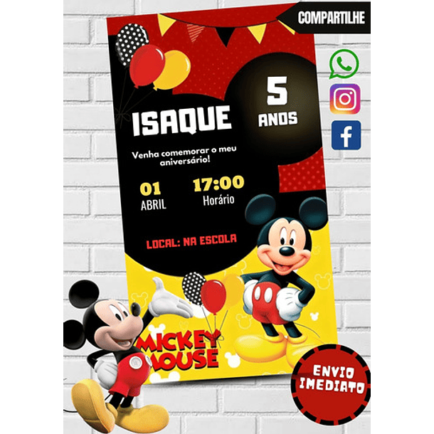 Convite Digital Mickey Mouse Aniversário   Vermelho 3
