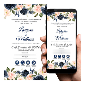 Convite De Casamen Digital Interativo Floral Azul