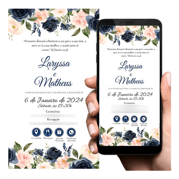 Convite De Casamen Digital Interativo Floral Azul 1