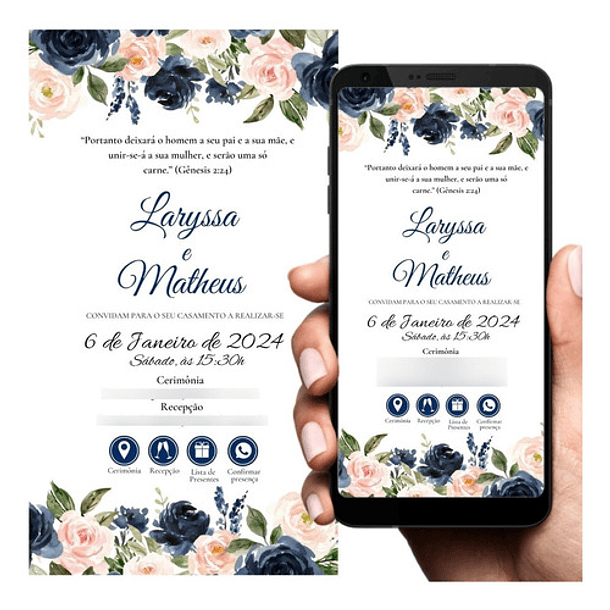 Convite De Casamen Digital Interativo Floral Azul 3