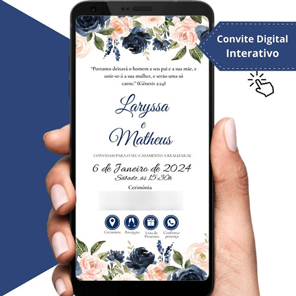 Convite De Casamen Digital Interativo Floral Azul 4