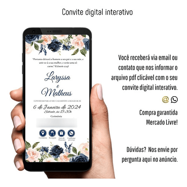 Convite De Casamen Digital Interativo Floral Azul 6