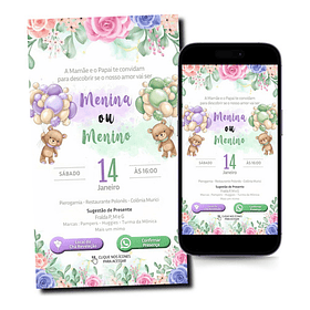 Convite Chá Revelação Virtual Digital Ursinhos Verde E Liláz