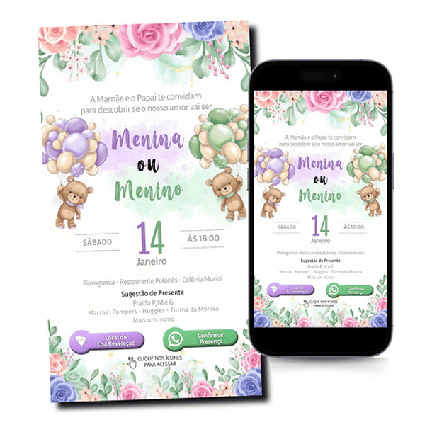 Convite Chá Revelação Virtual Digital Ursinhos Verde E Liláz 1