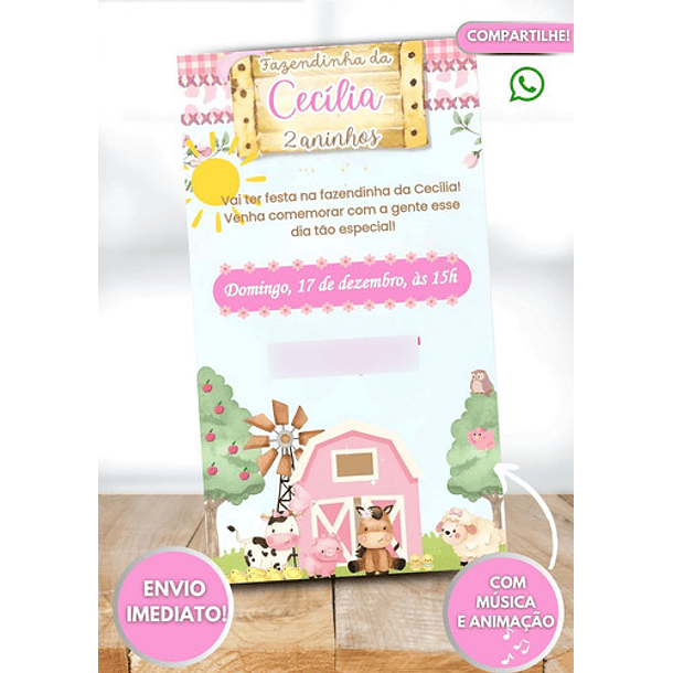 Convite Animado  Fazendinha Rosa   Rosa-claro 2