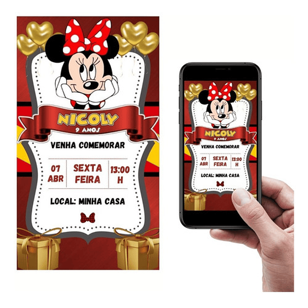 Convite Digital Animado Minnie Vermelha  Para Whatsapp 2