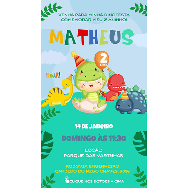 Convite De Aniversário Digital Baby Dino / Com 2 Botões. 3