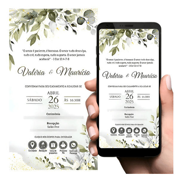 Convite Casamento Interativo Folhas Verdes E Dourado Verde 1