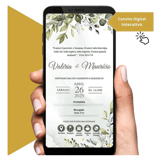Convite Casamento Interativo Folhas Verdes E Dourado Verde 3