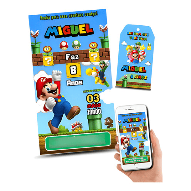 Convite Digital + Tag Para Impressão Super Mario Bros 1