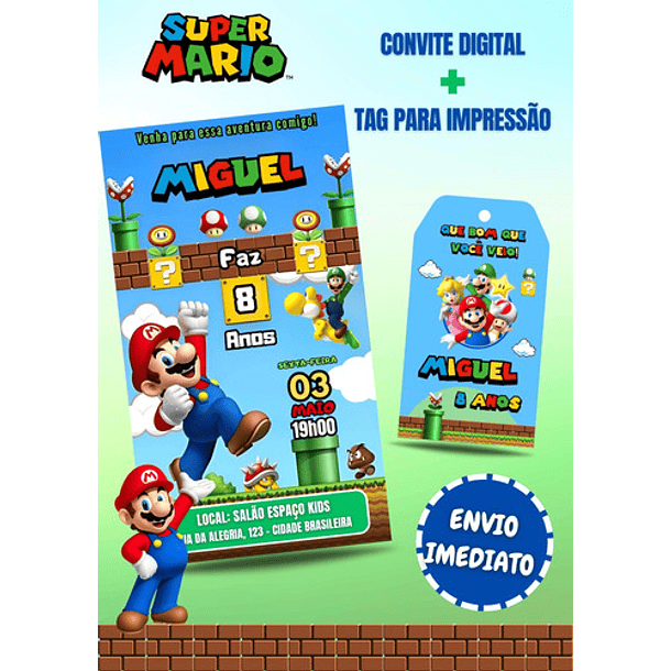 Convite Digital + Tag Para Impressão Super Mario Bros 3