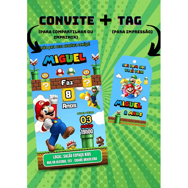 Convite Digital + Tag Para Impressão Super Mario Bros 4