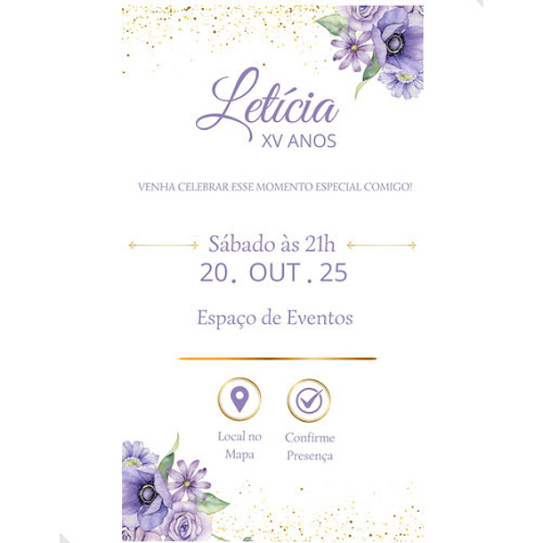 Convite Digital Interativo  15 Anos Tema Floral Lilás 12