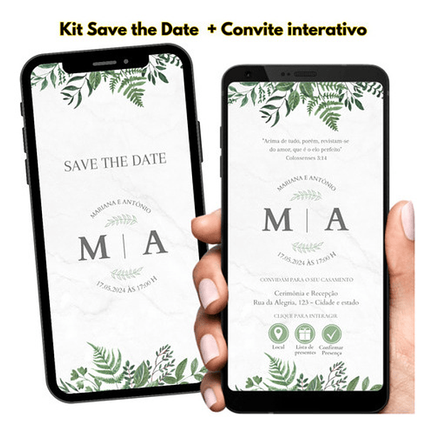 Kit Save The Date + Convite Interativo Rústico Folhas Verde 1