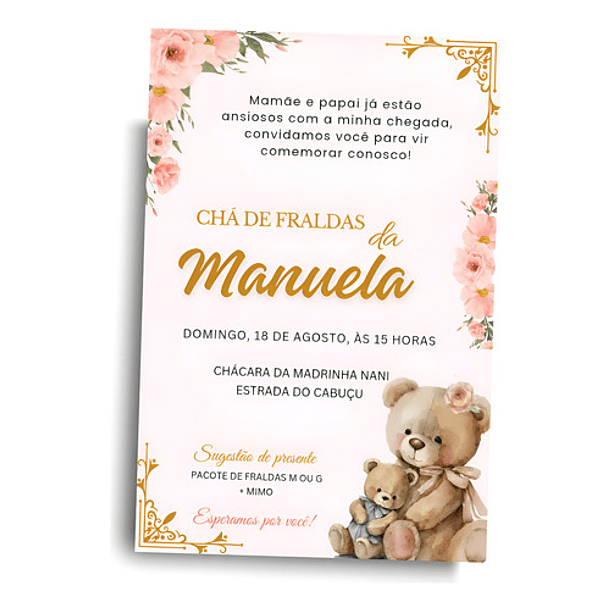 Convite Digital Chá De Fraldas/bebê Ursinha  Rosa Bebê 1