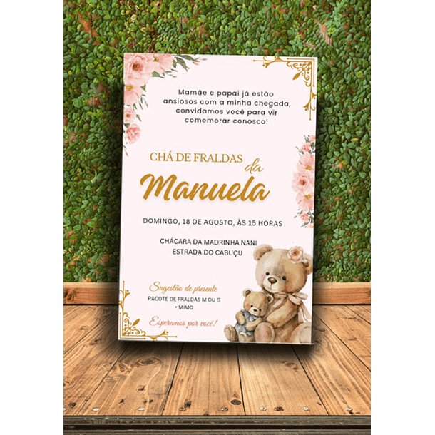 Convite Digital Chá De Fraldas/bebê Ursinha  Rosa Bebê 4