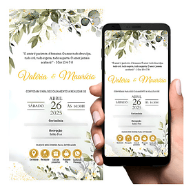 Convite Casamento Digital Interativo Verde Folhas E Dourado