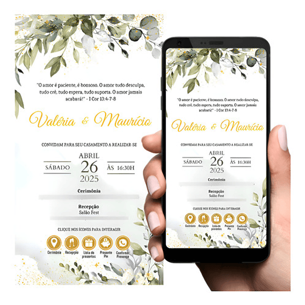 Convite Casamento Digital Interativo Verde Folhas E Dourado 2